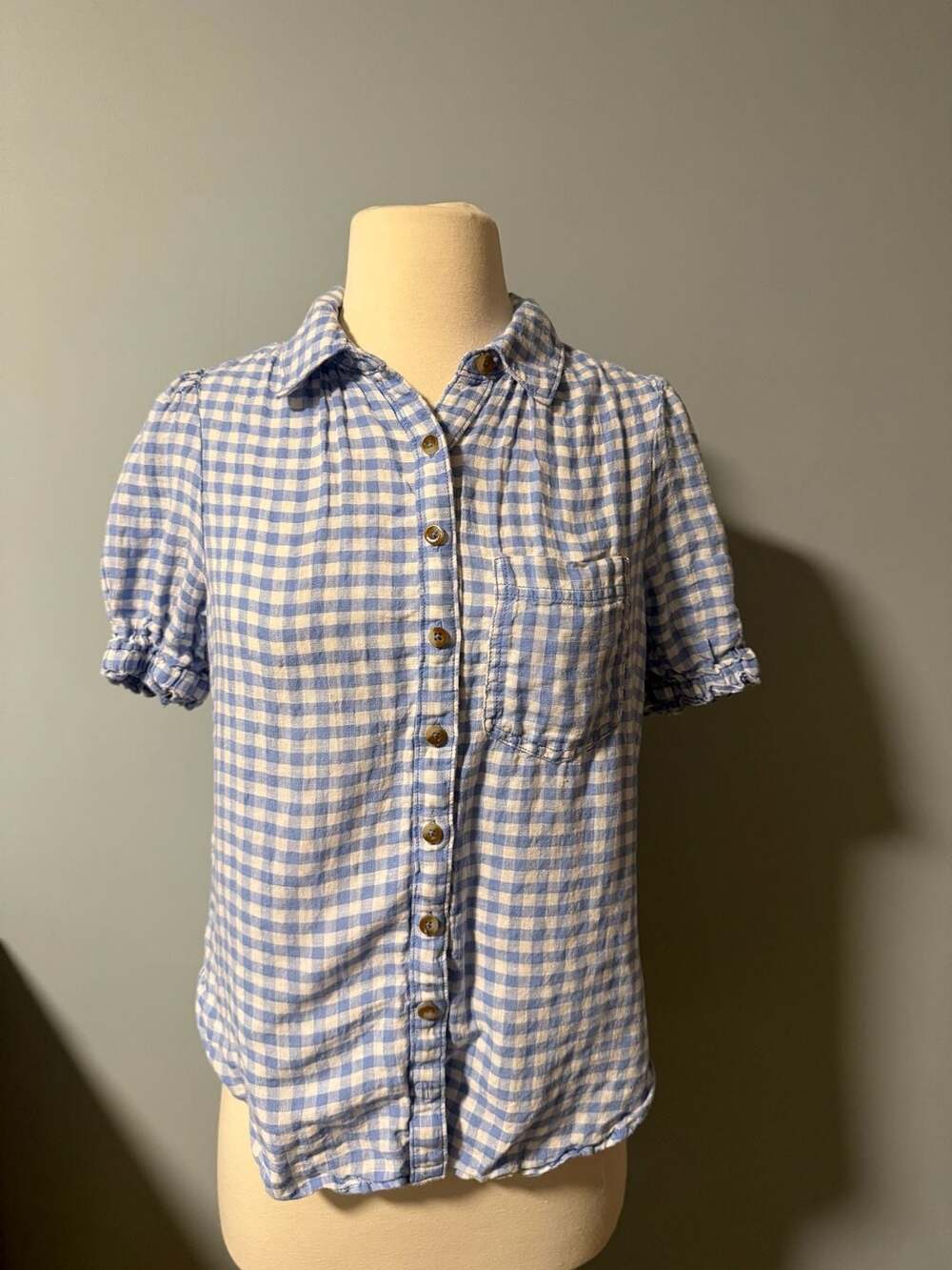 Pilcro Linen Gingham Button Down Shirt Size XS Blue White Short Sleeve